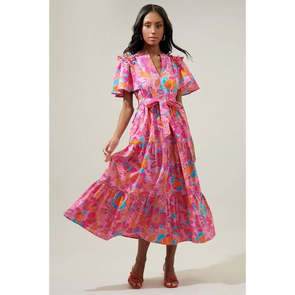 Sugarlips‎ Women's XS Floral Tiered Shift Midi Dress Multicolor Spring - Picture 5 of 5